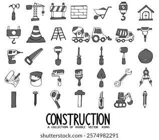 Construction Related Doodle vector icon set. Drawing sketch illustration hand drawn line.