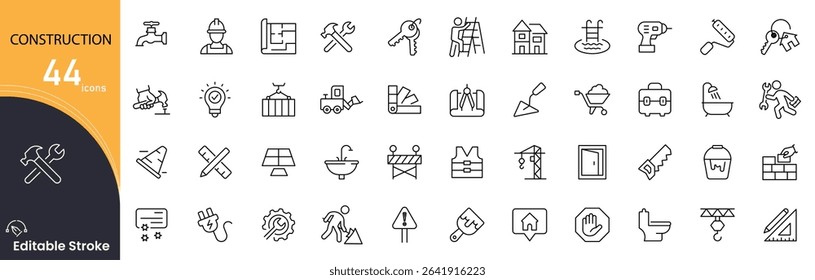 Construction related icon collections. Containing builder, cement, contractor, tool, safety, repair, architecture, equipment, truck, plan icons. Editable Stroke.