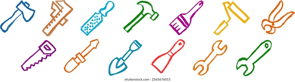 Construction Related Icon Crayon Chalk Drawing Vector Set