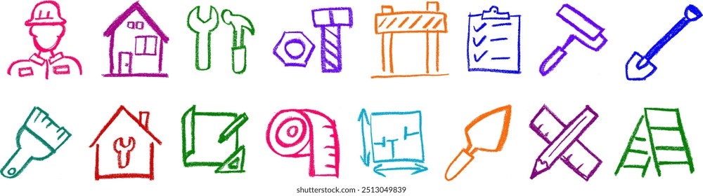 Construction Related Icons Crayon Chalk Drawing Set