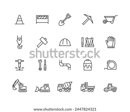 Construction related line drawing icon set.