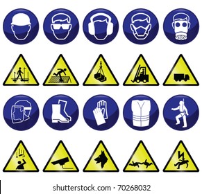 Construction related mandatory and hazards icons and signs individually layered