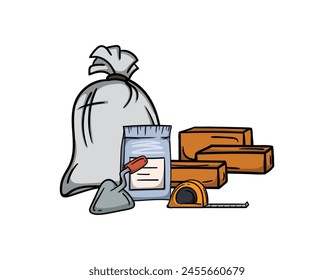 Construction and renovation. Bright vector editable illustration of bricks, building materials, tape measure and trowel