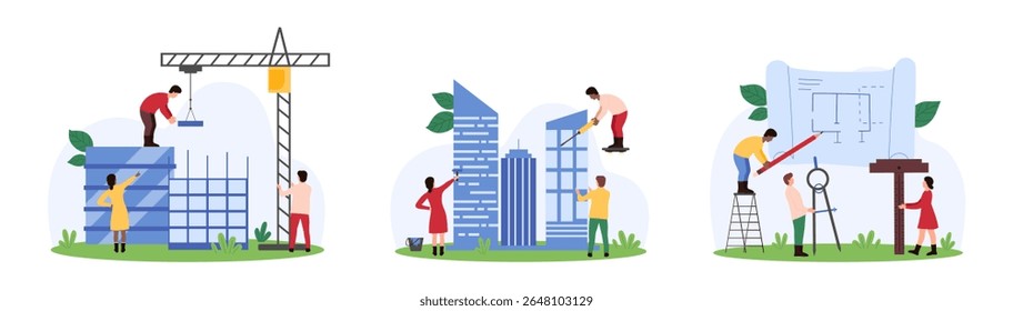 Construction and renovation of buildings, urban architecture set. Tiny people build house with construction crane according to blueprint project, repair modern building cartoon vector illustration
