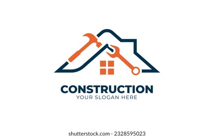 Construction renovation home logo with hummer and wrench vector design