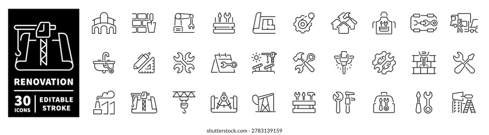 Construction and renovation icons set for building industry projects