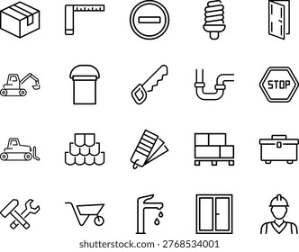 Construction and renovation icons set, excavator, bulldozer, toolbox, hammer, wrench, saw, pipes, door, window, faucet