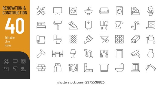 Construction and Renovation Line Editable Icons set. Vector illustration in modern thin line style of  home repair related  icons: finishing building materials, household appliances, furniture, decor.