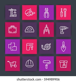 construction and renovation line icons set, engineering and designing, fixing, equipment, tools, paint, trowel, tape-measure, roller, drill