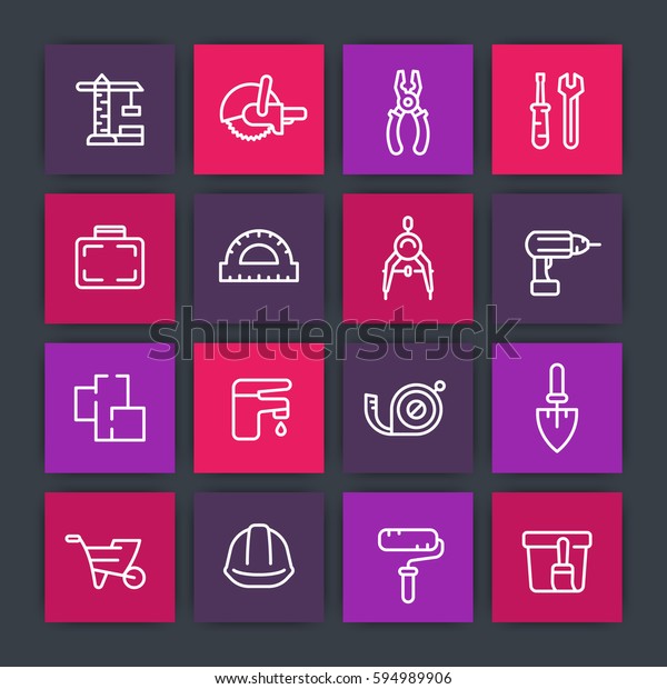 construction and renovation line icons set,\
engineering and designing, fixing, equipment, tools, paint, trowel,\
tape-measure, roller,\
drill