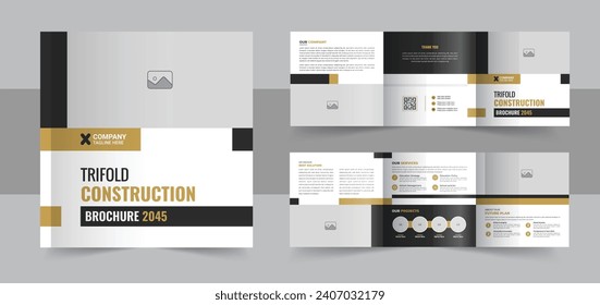 Construction and renovation square trifold brochure design template, Real estate brochure or building construction square trifold. Construction Square Trifold Brochure, Real Estate Company Template