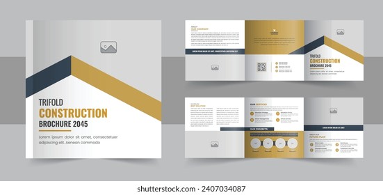 Construction and renovation square trifold brochure design template, Real estate brochure or building construction square trifold, Construction trifold brochure template or company profile