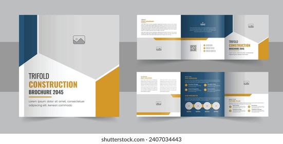 Construction and renovation square trifold brochure design template, Real estate brochure or building construction square trifold. Construction Trifold Brochure Architect Brochure Layout Template.