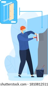 Construction renovation worker at repair, vector illustration. Man builder character plastering wall by cement, trowel tool. Plaster service with professional equipment, concrete house work.