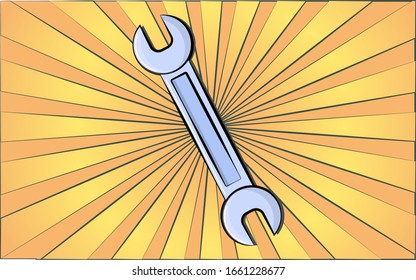 Construction repair fitter's tool open-end wrench for tightening the nut on a background of abstract yellow rays. Vector illustration.