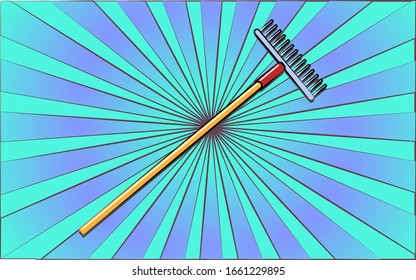 Construction repair garden tool rake on a background of abstract blue rays. Vector illustration.