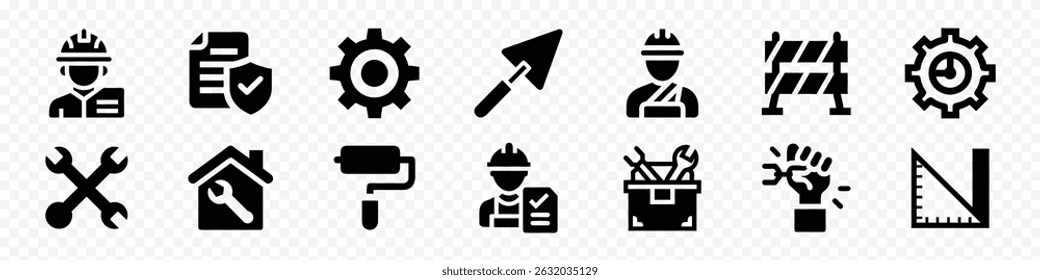Construction and Repair Icon Set: Featuring Professional Workers, Safety Regulations, Gear, Tools, Home Renovation, Roadblocks, and Industrial Equipment, Maintenance, Engineering, and Service-Related