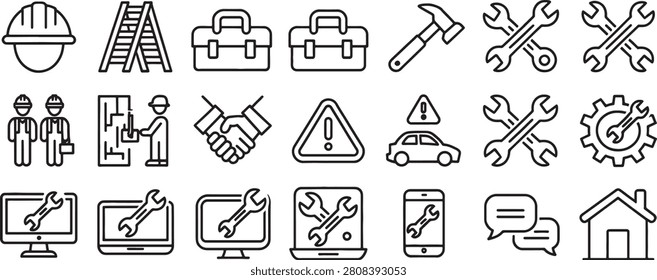 Construction and Repair Icons Set with Safety Helmet Ladder Toolbox Warning Tools Wrench Car and House Outline