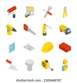 Construction, repair isometric icons set. Renovation. Tools for home repair work. Objects collection.