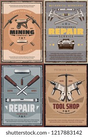 Construction, repair and mining industry work tools. Vector drill, hammer and wrench, paint roller, builder toolbox and miner pickaxe, wheelbarrow, ruler and screw. Vintage signboard