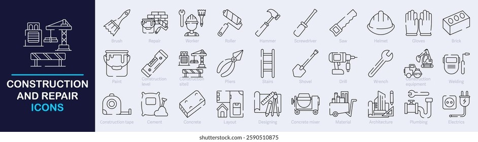 Construction and Repair Outline Vector Icon Collection. A set of outline icons related to Tools, equipment, Plumbing, Design, Roller, Construction site and more. Editable stroke. Vector illustration