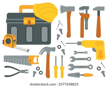 Construction and repair tool icons, set of building tools - drill, hammer, screwdriver, saw, spatula, tape measure, helmet, toolbox vector illustration in flat style