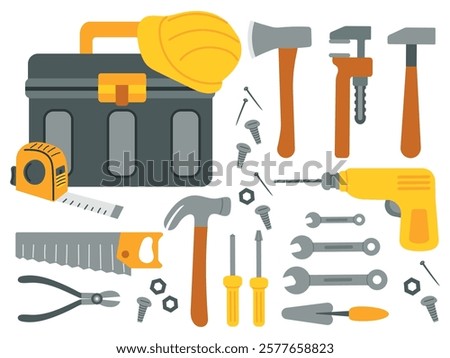 Construction and repair tool icons, set of building tools - drill, hammer, screwdriver, saw, spatula, tape measure, helmet, toolbox vector illustration in flat style