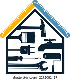 Construction repair tool set and house silhouette. Design for repair and service