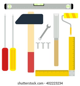 Construction and repair tool set. Installation tools. Screwdriver, hammer, chisel and other. Vector illustration. Isolated on white.