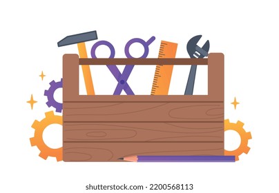 Construction repair tools. Collection of troubleshooting tools for electricians and plumbers. Poster or banner for website. Hammer, scissors, wrench and ruler. Cartoon flat vector illustration