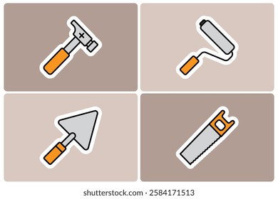 Construction and Repair Tools Doodle Icon Sticker Set. Hammer, Paint Roller, Trowel, and Saw