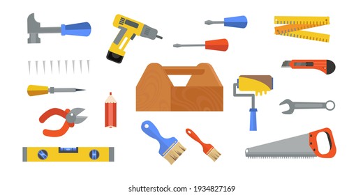 Construction repair tools flat icon set. Cartoon wooden tool box with hammers, screwdriver, wrench. Tools such as hammer, ax, ruler, ax home repair. Isolated tools flat set