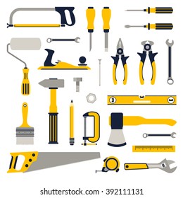 Construction repair tools flat icon set. Tools home repair set. Isolated tools icon flat set. Tool set. Tools flat. Repair tools. Remodel tools.