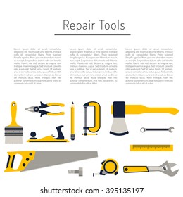 Construction repair tools flat icon set. Tools like hammer, axe, ruler, hatchet home repair. Isolated tools flat set.