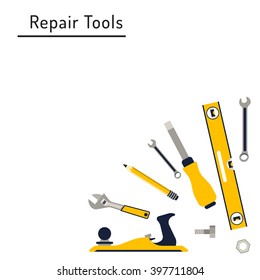 Construction repair tools flat icon set. Tools like hammer, axe, ruler, hatchet home repair. Isolated tools flat set.