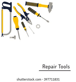 Construction repair tools flat icon set. Tools like hammer, axe, ruler, hatchet home repair. Isolated tools flat set.