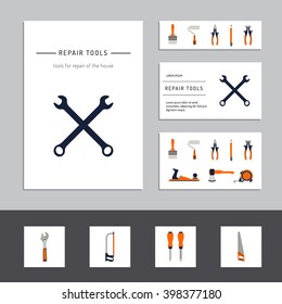 Construction repair tools flat icon set. Tools like hammer, axe, ruler, hatchet home repair. Isolated tools flat set.