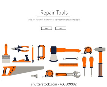 Construction repair tools flat icon set. Tools like hammer, axe, ruler, hatchet home repair. Isolated tools flat set.