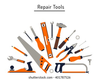 Construction repair tools flat icon set. Tools like hammer, axe, ruler, hatchet home repair. Isolated tools flat set.