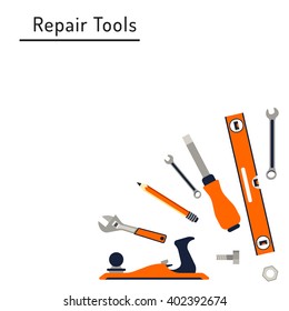Construction repair tools flat icon set. Tools like hammer, axe, ruler, hatchet home repair. Isolated tools flat set.