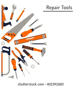 Construction repair tools flat icon set. Tools like hammer, axe, ruler, hatchet home repair. Isolated tools flat set.