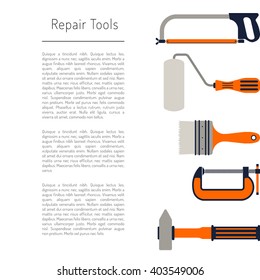 Construction repair tools flat icon set. Tools like hammer, axe, ruler, hatchet home repair. Isolated tools flat set.