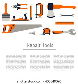 Construction repair tools flat icon set. Tools like hammer, axe, ruler, hatchet home repair. Isolated tools flat set.