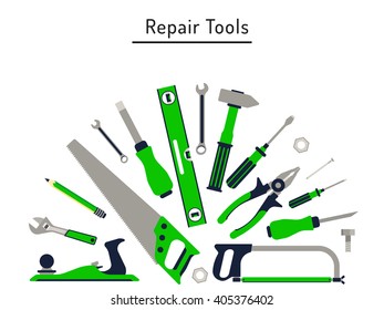 Construction repair tools flat icon set. Tools like hammer, axe, ruler, hatchet home repair. Isolated tools flat set.
