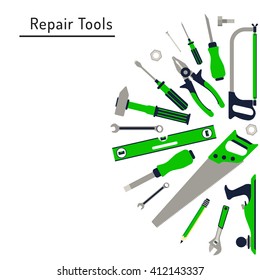 Construction repair tools flat icon set. Tools like hammer, axe, ruler, hatchet home repair. Isolated tools flat set.