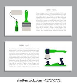 Construction repair tools flat icon set. Tools like hammer, axe, ruler, hatchet home repair. Isolated tools flat set.