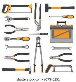 Construction repair tools flat icon set. Bench, small tools isolated on white background. Vector illustration.