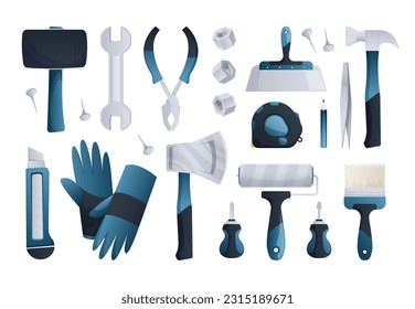 Herramientas de reparación de la construcción. Pincel de alicates de martillo con destornillador plano, instrumentos técnicos de construcción para el hogar y la oficina. Conjunto aislado de vectores. Cuchillo de papel azul, espátula y cinta de medida