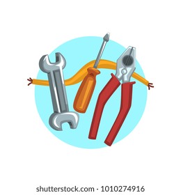 Construction repair tools icon, pliers, screwdriver and a wrench cartoon vector Illustration