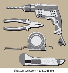 Construction repair tools icons set isolated. pliers, drill tape measure letter opener vector illustration Eps